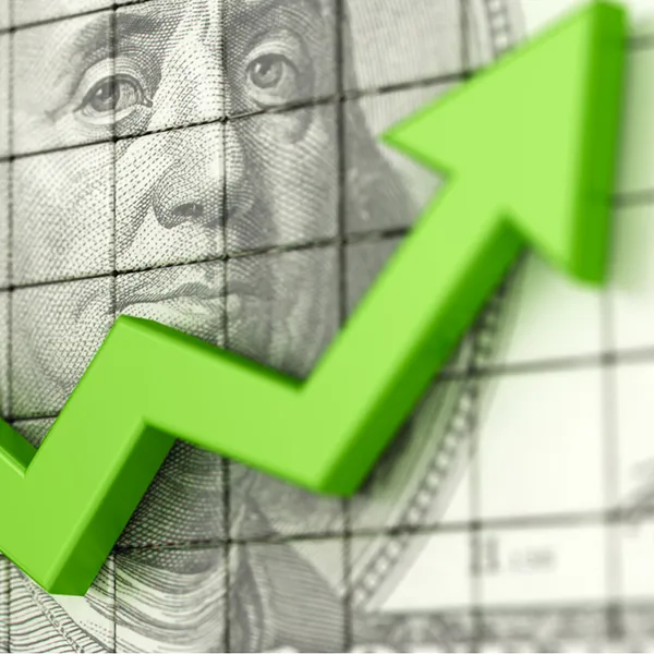 A graphic of a green arrow pointing up with a $100 bill in the background.