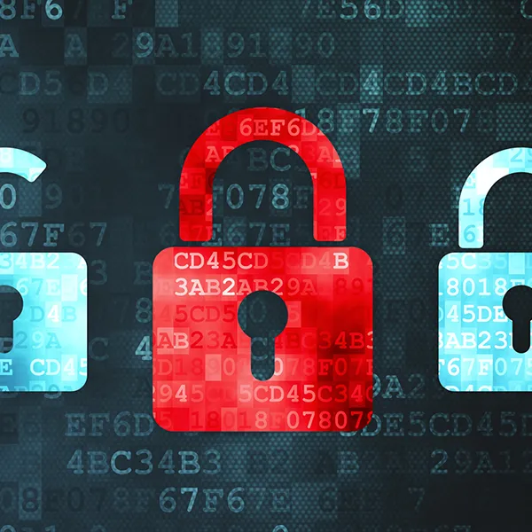 Concept of a series of unlocked blue locks and one locked red lock.