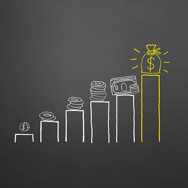 Concept of a bar chart featuring different forms of currency.