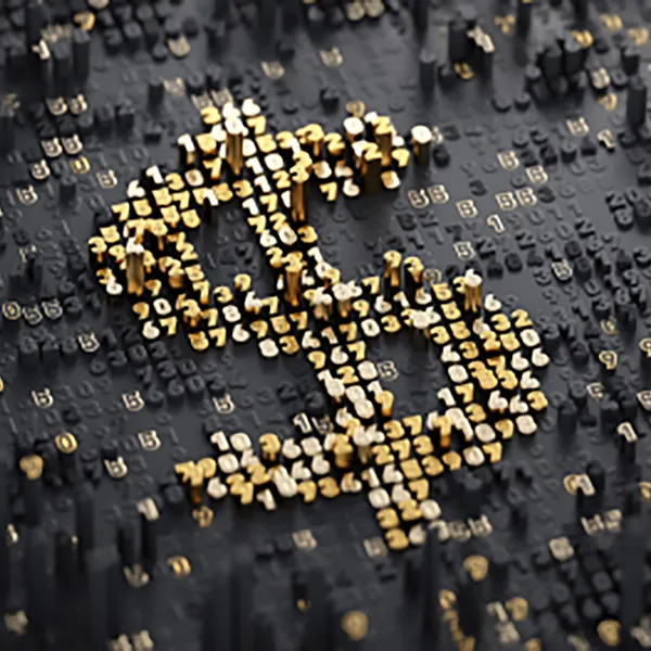 Concept of a dollar sign in gold made out of smaller numbers.