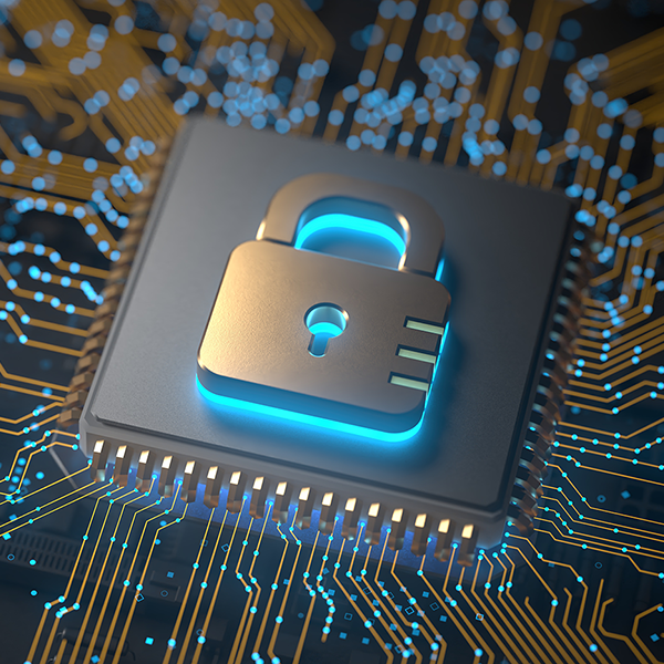 Concept art of a silver padlock on a circuit board.