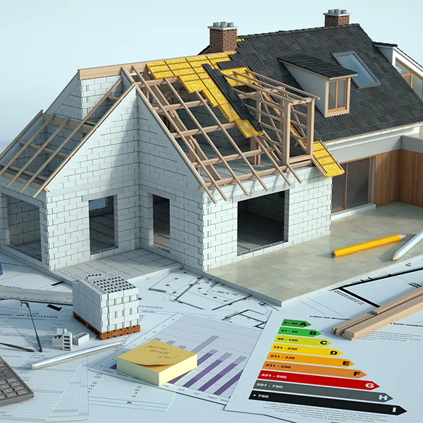 A rendering of a home under construction alongside blueprints and other tools.