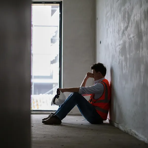A construction worker sitting on the ground rubbing their forehead.