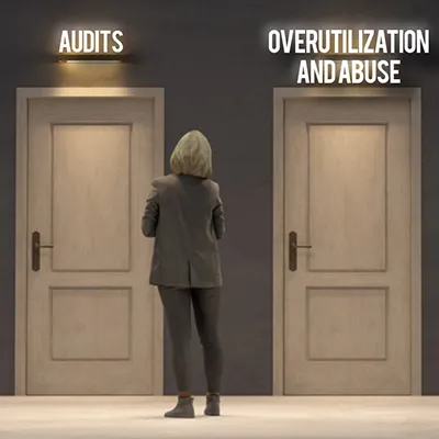 A woman standing in front of a wall lined with doors, each door with a title over it.