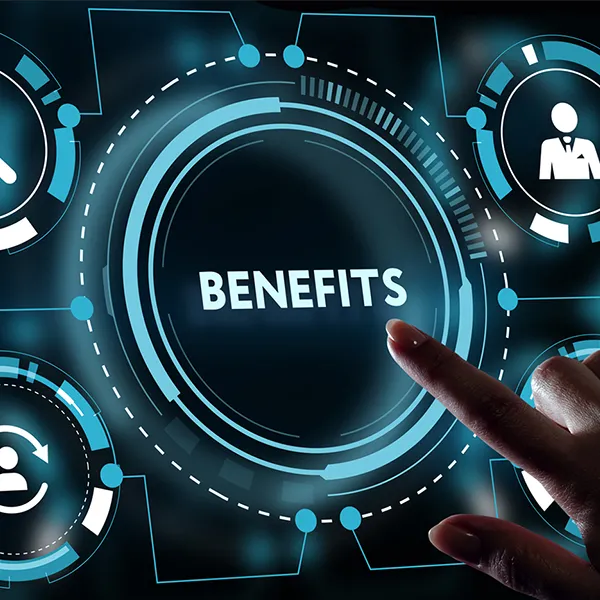 A graphic of a group of icons representing business. The center reads 'benefits.'
