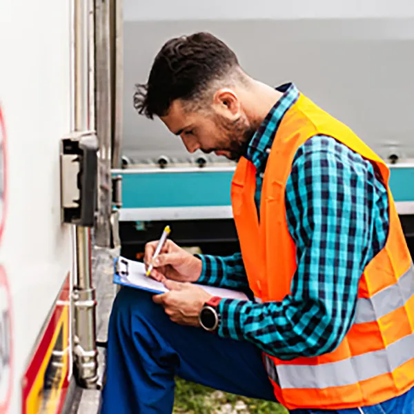 A contractor kneeling and taking notes on a clipboard.