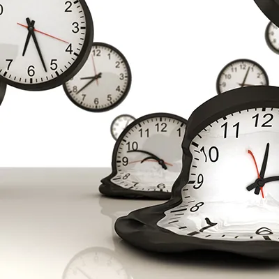 Many clocks floating in the air with some clocks melting as they touch a solid surface below.