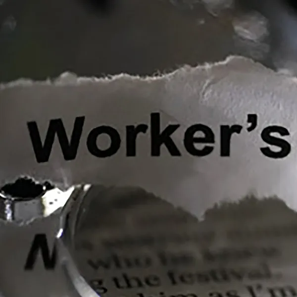 A torn piece of paper reading 'Workers Compensation.'