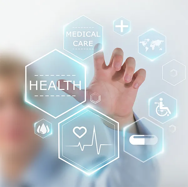 A group of icons representing health care. A hand gestures to two reading 'Health' and 'Medical Care.'