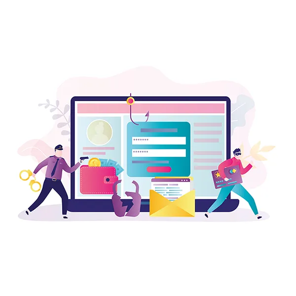 A pastel artistic rendering of a guard chasing a credit card thief in front of a computer.