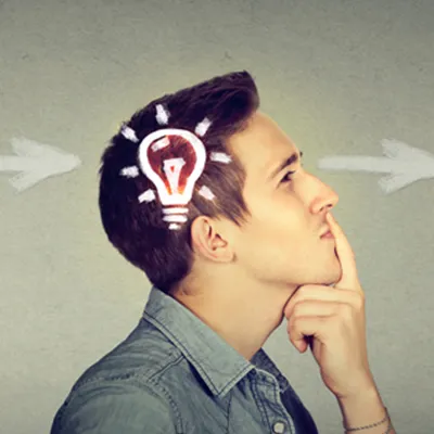 An illustration of a thought process, showing the same man 4 times with different icons on his head.