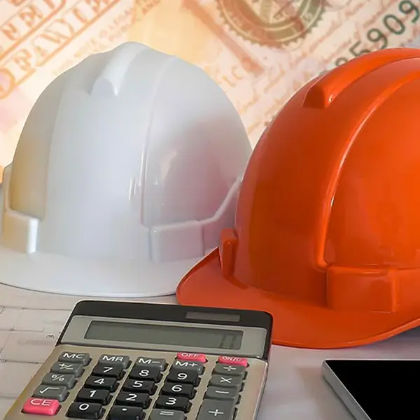 A trio of hard hats, a blueprint, and a calculator.