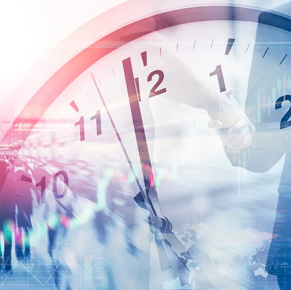 A multiple exposure effect shows a clock, a handshake, and a crowded street.
