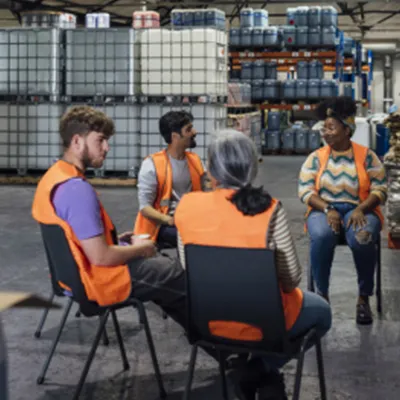 A group of workers in safety vests sitting in a circle of chairs and talking to each other.