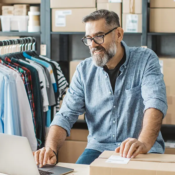 A small business owner working on a laptop computer surrounded by cardboard boxes.