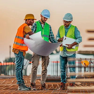 Three construction workers in safety gear review blueprints on a jobsite.