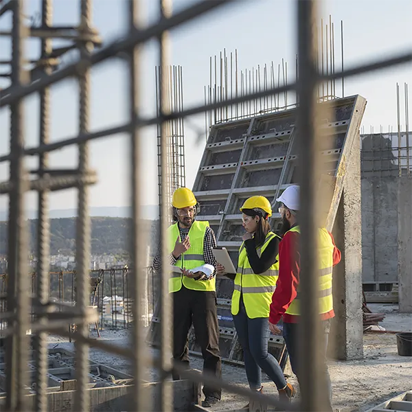 Three contractors standing on a roof surrounded by concrete and scaffolding.