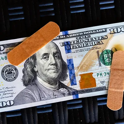 A 100 dollar bill with a couple band-aids on top of it.