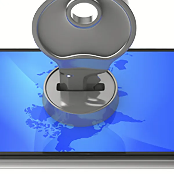 A rendering of a cell phone with a lock and key.