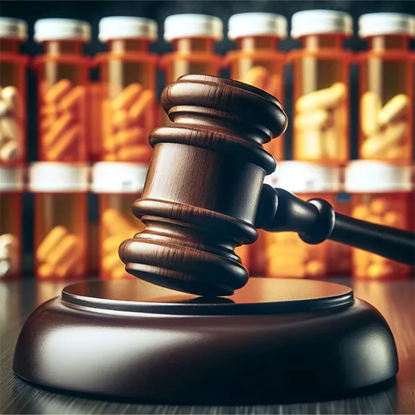 A gavel and sounding block with stacks of pill bottles in the background.
