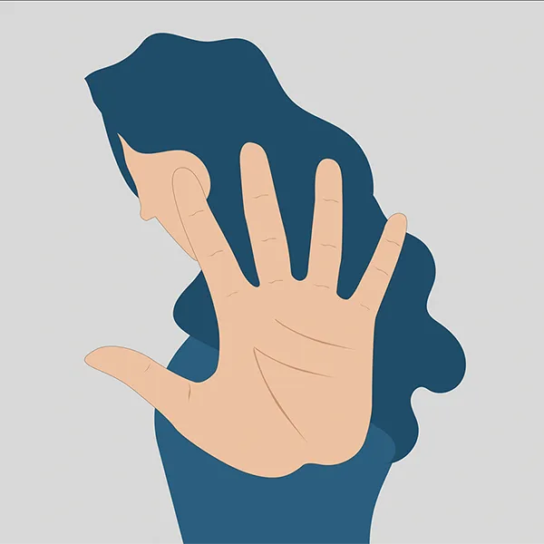Drawing of a person holding their hand out to signal stop.