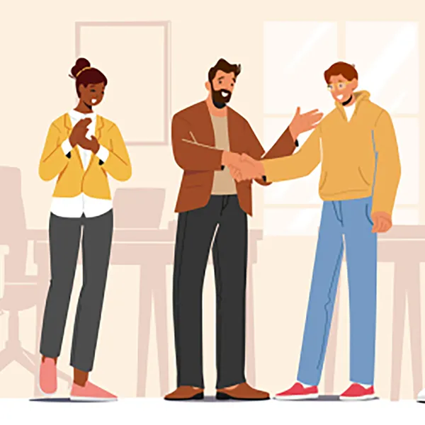 Renderings of a group of professionals shaking hands and celebrating.