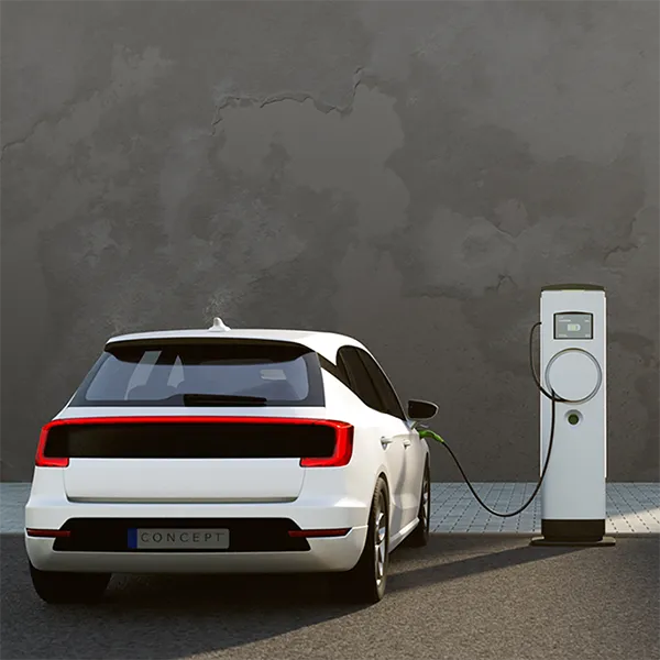 Art of an electric vehicle plugged into a charging station.