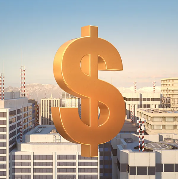 The rooftops of a cityscape with renderings of large golden dollar signs between the buildings.