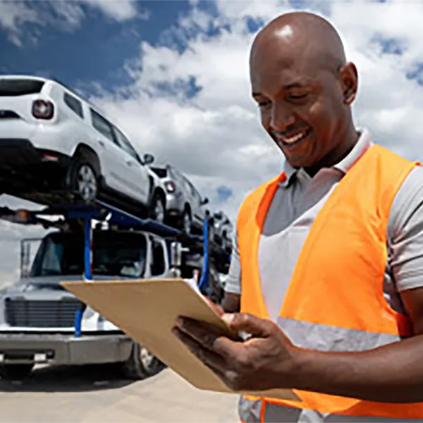 A professional wearing an orange vest with a vehicle transport truck in the background.