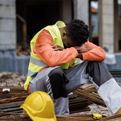 exhausted construction worker sitting outdoors, with health resting on his crossed arms