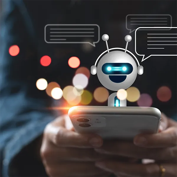 Someone holding a smartphone. The smartphone has a rendering of a robot in it.