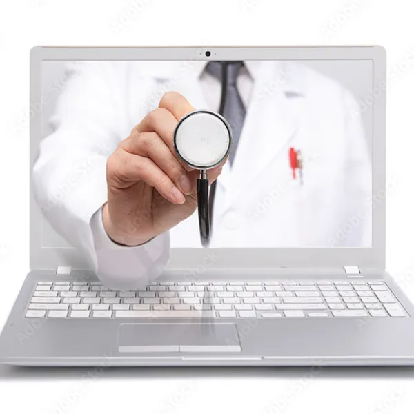 A doctor's hand and arm emerge from a laptop screen, holding a stethoscope.