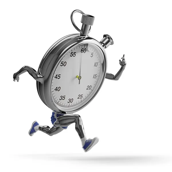 A stop watch with arms and legs sprinting.