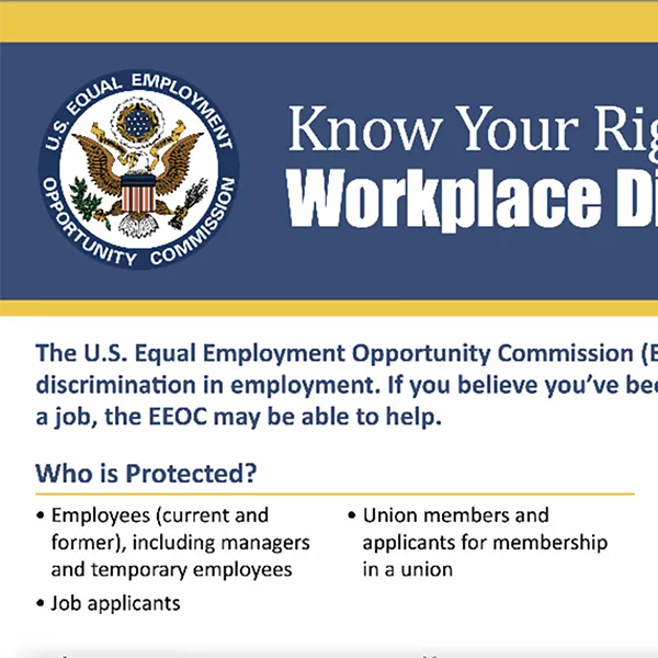 A screenshot of the U.S. Equal Employment Opportunity Commission website with the title 'Know Your Rights: Workplace Discrimination is Illegal.'