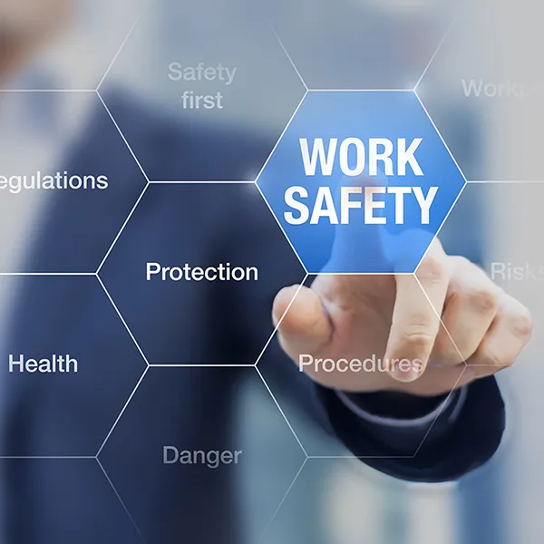 A rendering of various health and safety related terms. A hand is selecting one reading 'Work Safety.'