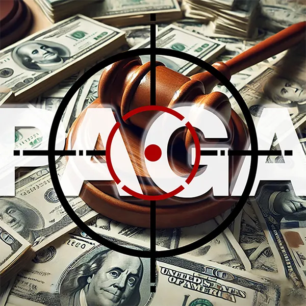 The letters 'PAGA' in front of a gavel and sounding block on top of $100 bills.