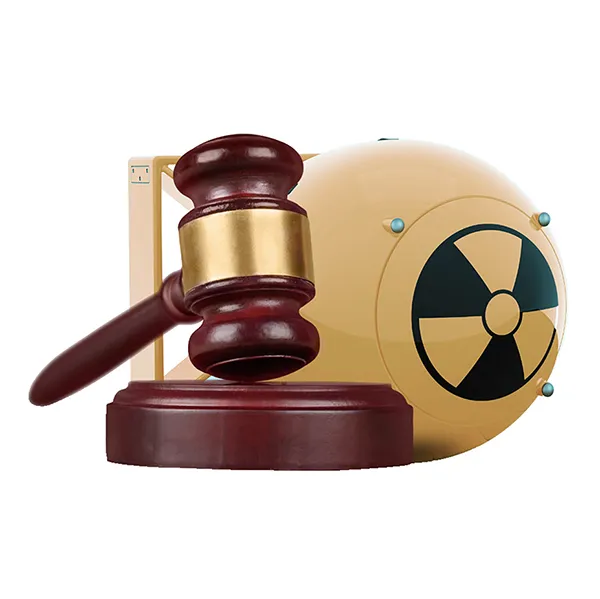 A gavel and sounding block in front of a nuclear warhead.