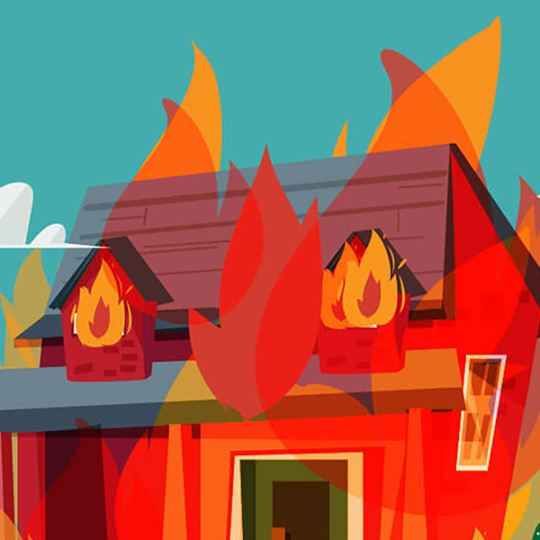 An illustration of a home on fire.
