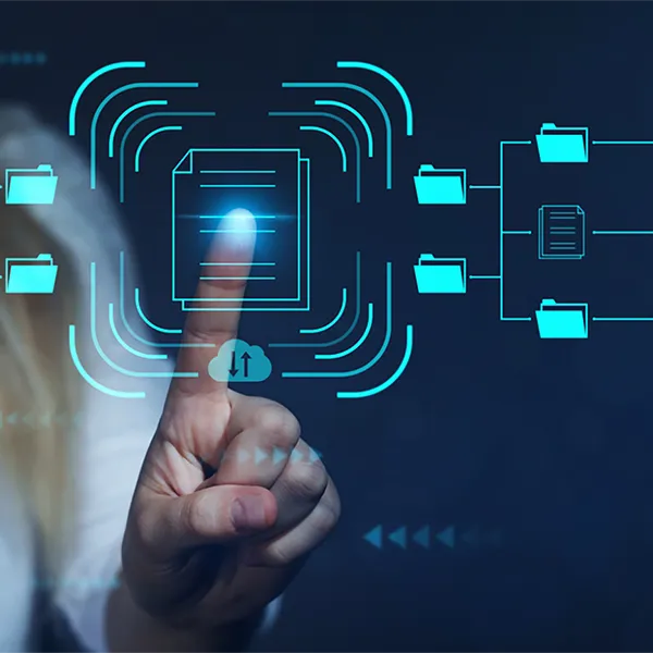 Concept of paperwork and filing with a hand selecting an icon for a folder.