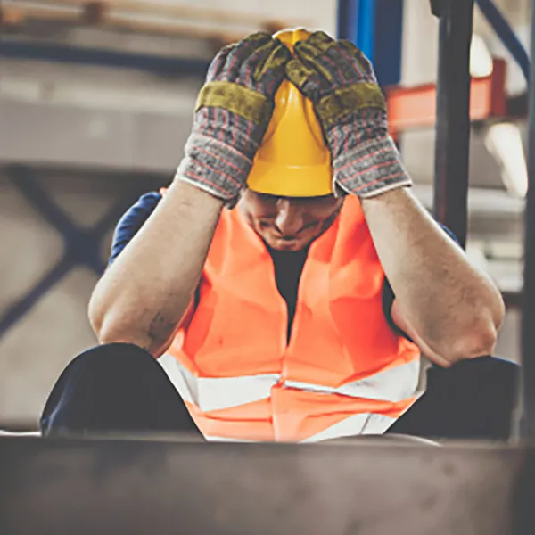 A construction worker wearing a hard hat sitting and clutching their head in frustration.