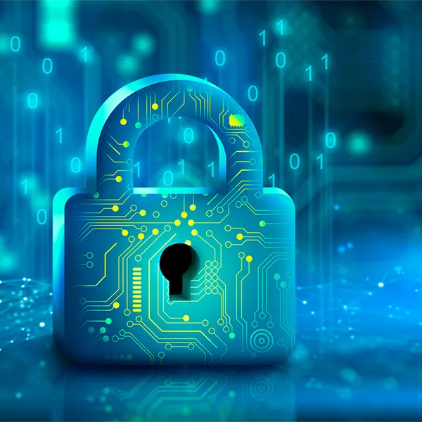 Security concept featuring a blue padlock with yellow circuitry.