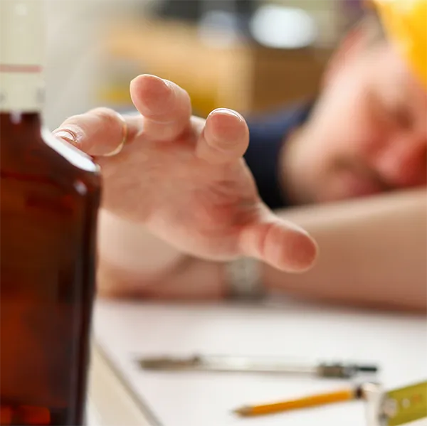 An out-of-focus construction worker wearing a hard hat reaches towards a brown bottle.