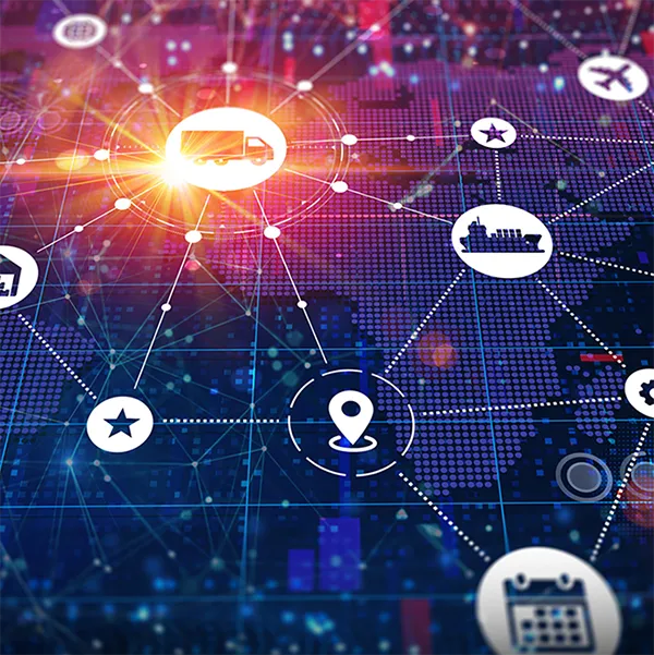 Supply chain concept with icons representing different shipping and vendor options.