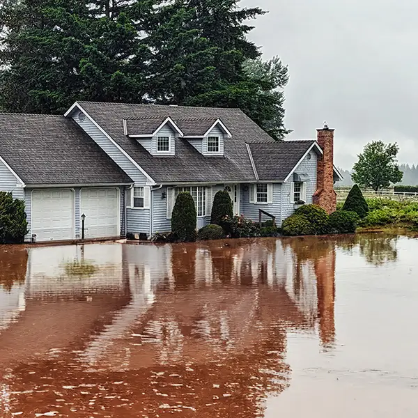 A home surrounded by flood waters on a rainy day.