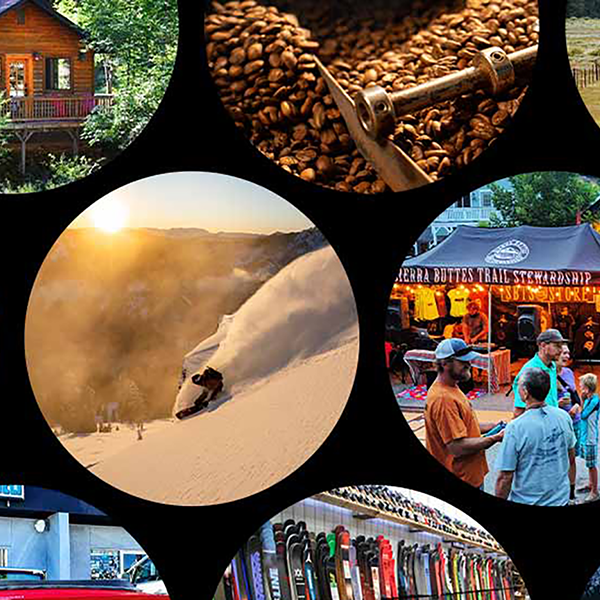 A collage of images representing Truckee, include a log cabin, a snowboarder, and a cyclist.