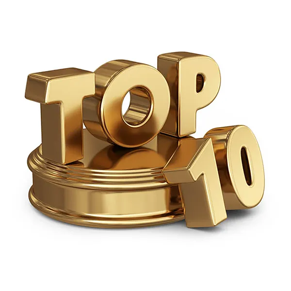 Golden lettering reading 'Top 10' perched on top of a pedestal.