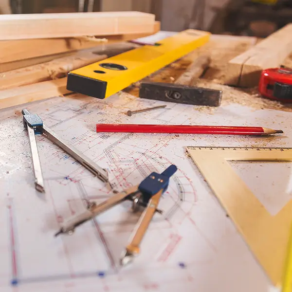 Blueprints coated in sawdust surrounded by lengths of wood and tools.