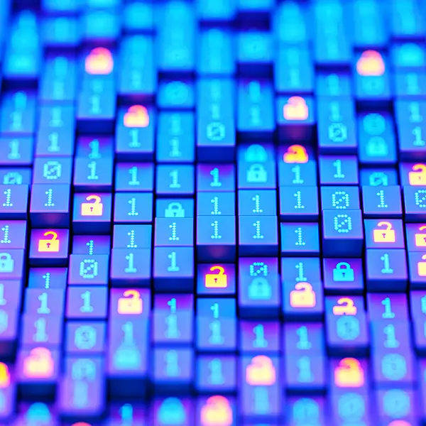 Data concept featuring 1s, 0s, and padlocks.