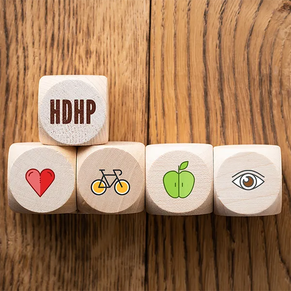 Wooden block with health symbols on them, and the letters 'HDHP.'