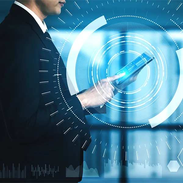 Business concept art with a professional using a tablet.